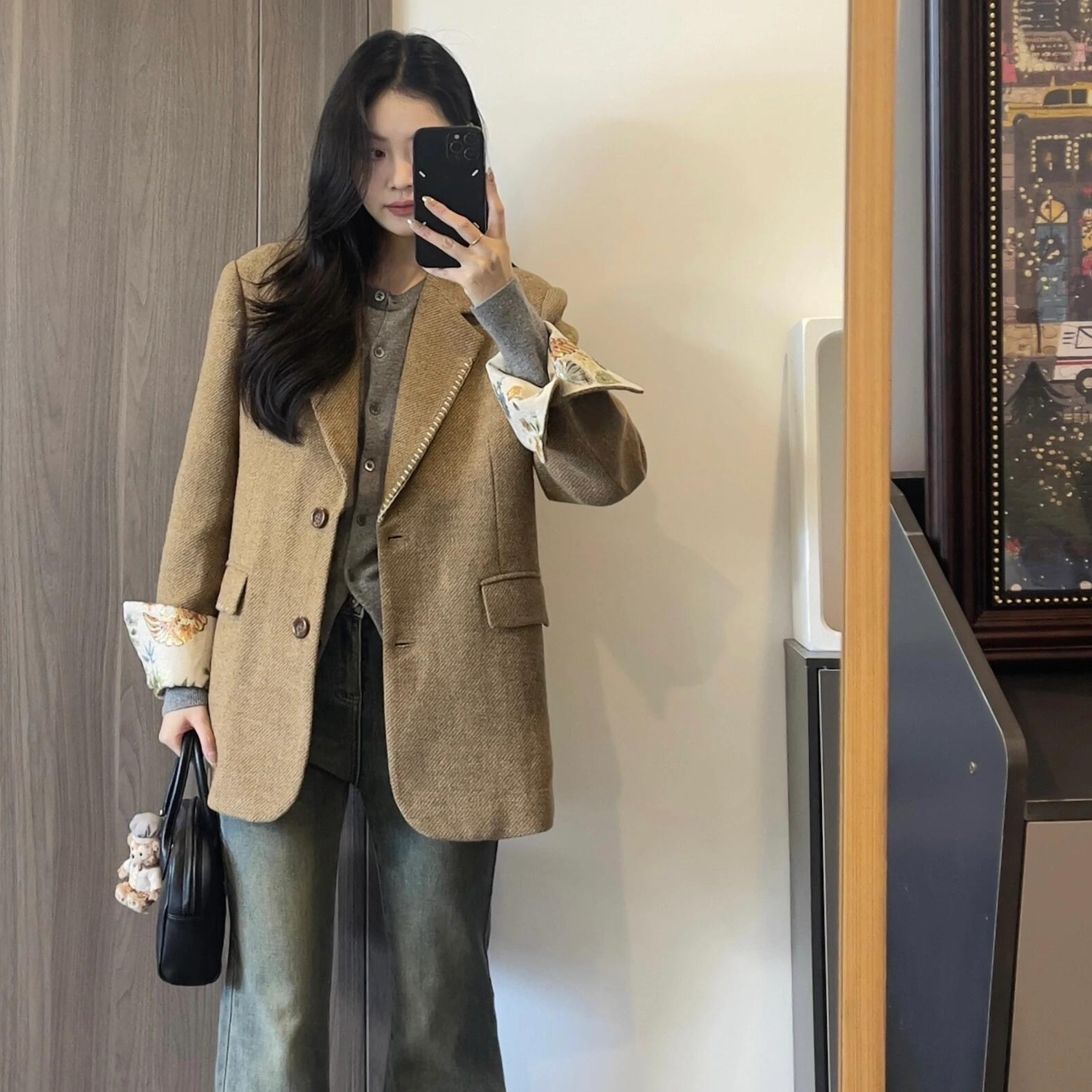 秋冬中长款宽松新款小个子羊毛毛呢呢子大衣西装外套高级感