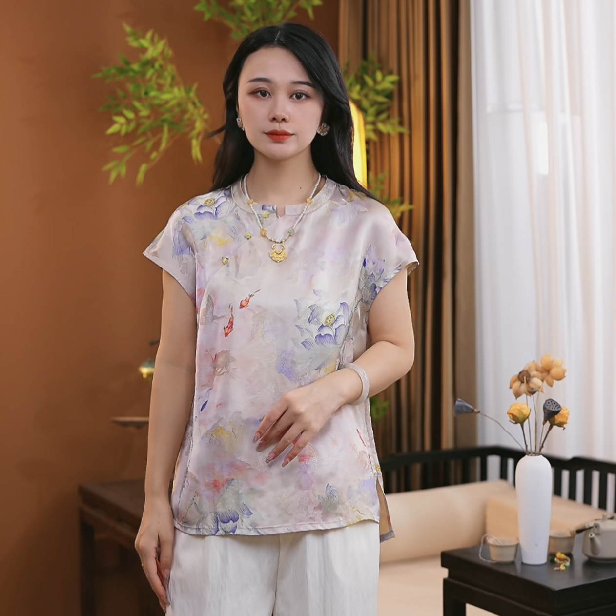 夏季新中式国风桑蚕丝文艺立领短袖时尚提花修身百搭上衣女S251