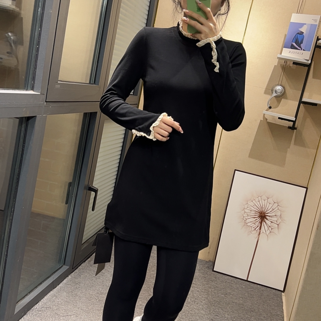 欧货2025秋冬磨毛蕾丝花边袖中长款T恤女宽松百搭显瘦打底衫上衣