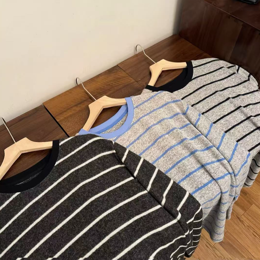 2025秋季新款韩系拉绒条纹长袖衫经典百搭撞色条纹休闲长袖T恤