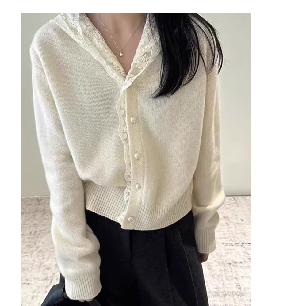 时尚蕾丝连帽拼接设计感针织开衫洋气长袖外套大码女装上衣A5-37