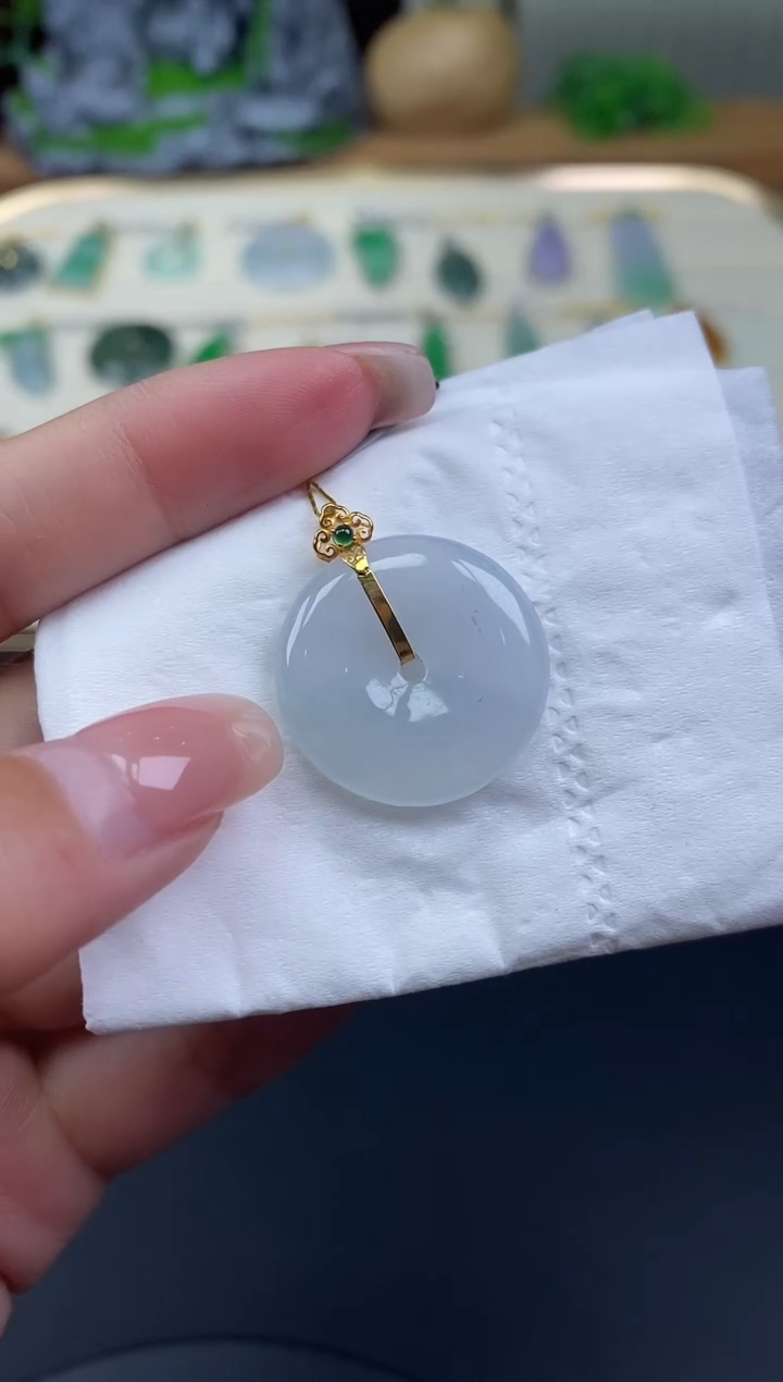 吊坠(不含链)18K金镶嵌翡翠平安扣18K金扣镶嵌@@CMT