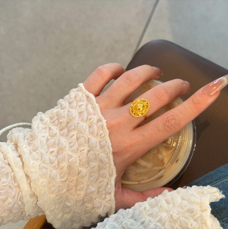 铜合金戒指 爆闪拉丝镂空鸽子蛋鱼鳞戒指女轻奢小众设计感高级感