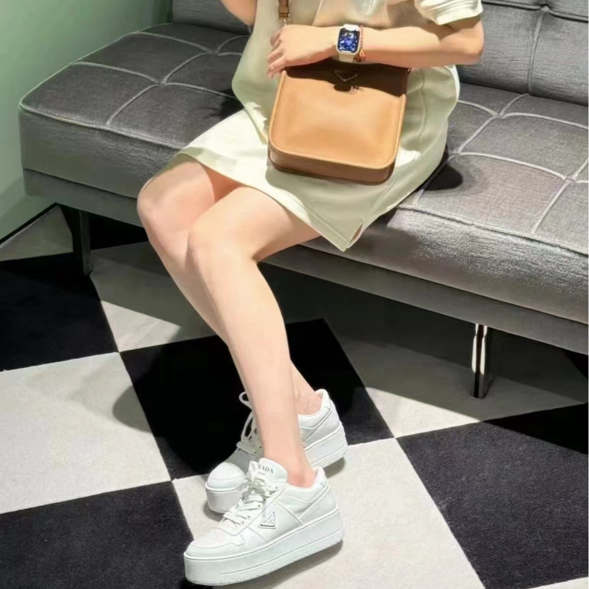 未使用 Prada/普拉达 厚底牛皮革运动鞋