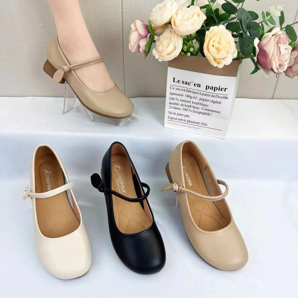 时尚女士百搭新款软面浅口低跟圆头软皮软底真皮单鞋女款