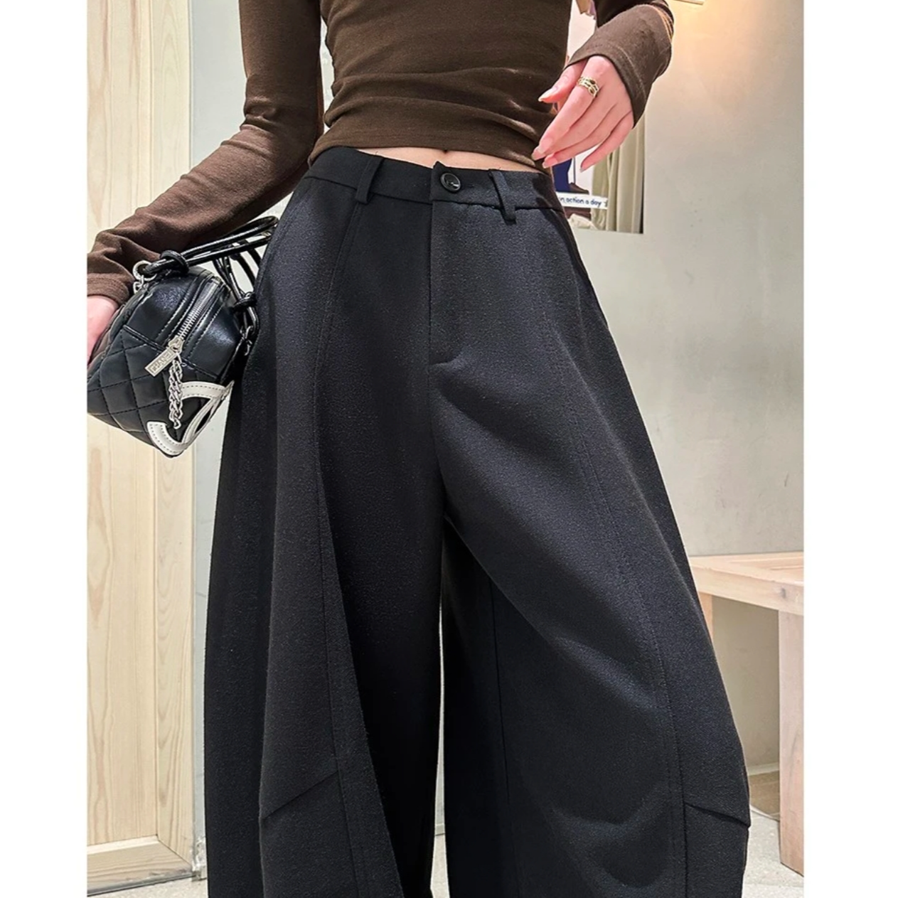 【现货+运费险】秋冬新款毛呢阔腿弯刀裤厚款慵懒风休闲裤女裤子