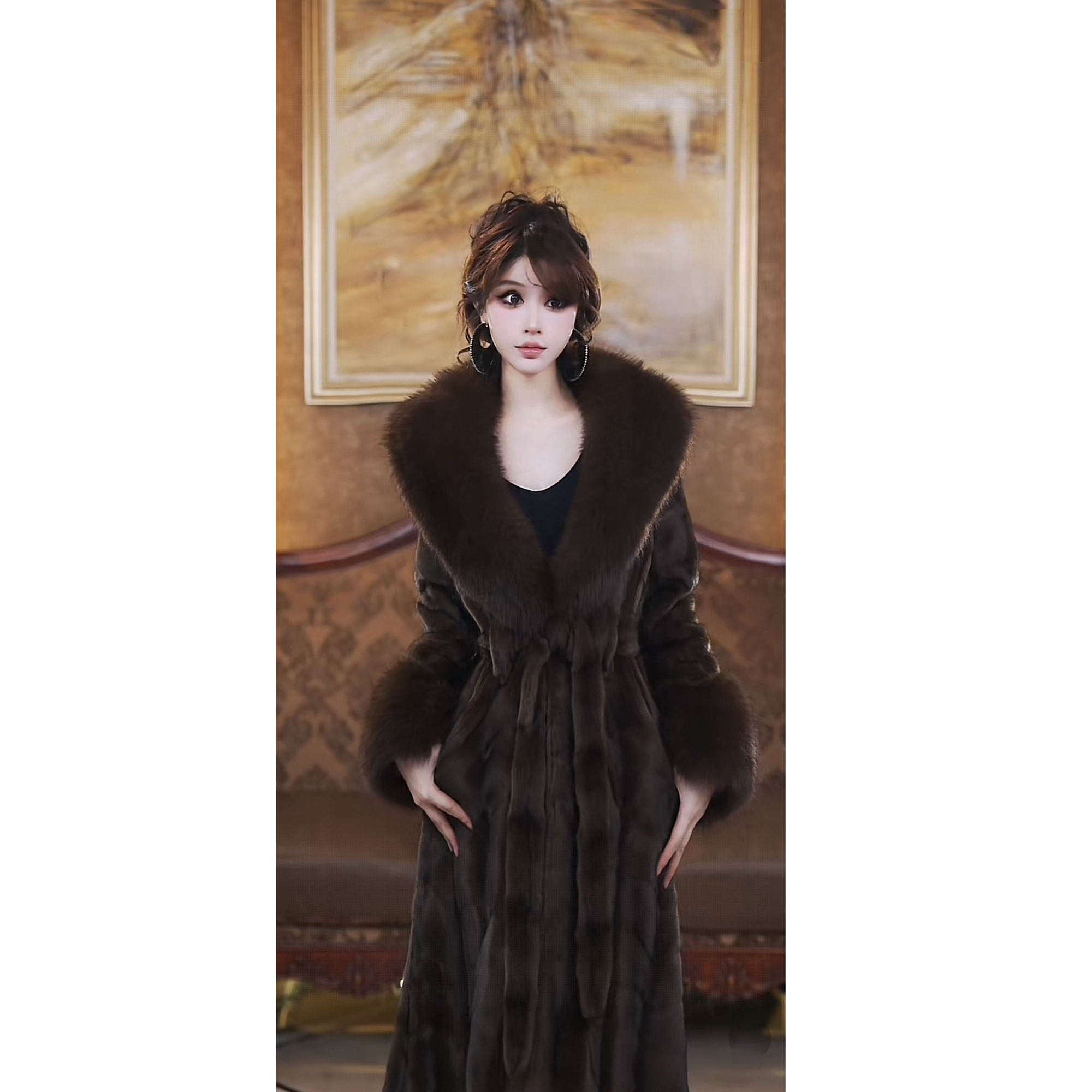  2025法式高奢新款月牙长款"修身显瘦"大毛领毛毛外套