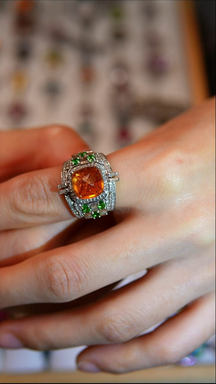 银S925镶嵌戒指定制石榴石天然芬达石戒指