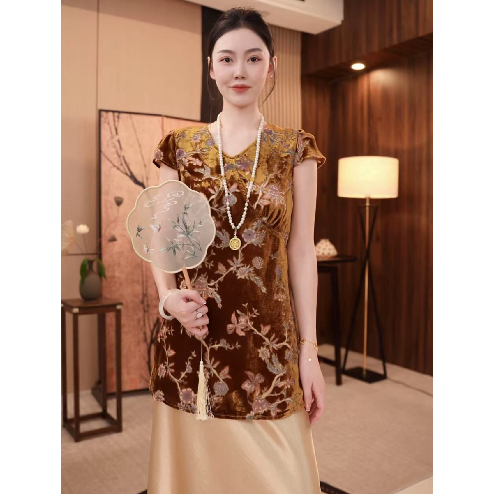 金枝玉叶 夏季中式上衣复古时尚套装网红显瘦印花中国风新中式