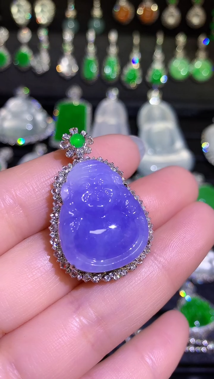 【闪购商品】翡翠颈饰18K金镶嵌紫罗兰财神一刀切