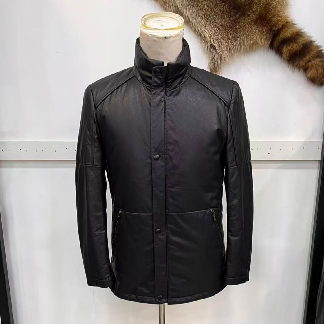 牛皮时尚立领修身真皮皮衣秋冬保暖皮夹克休闲中长款黑色男款2018