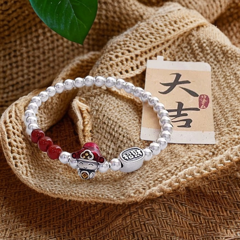 足银手链 古法磨砂小财神爷可爱手链