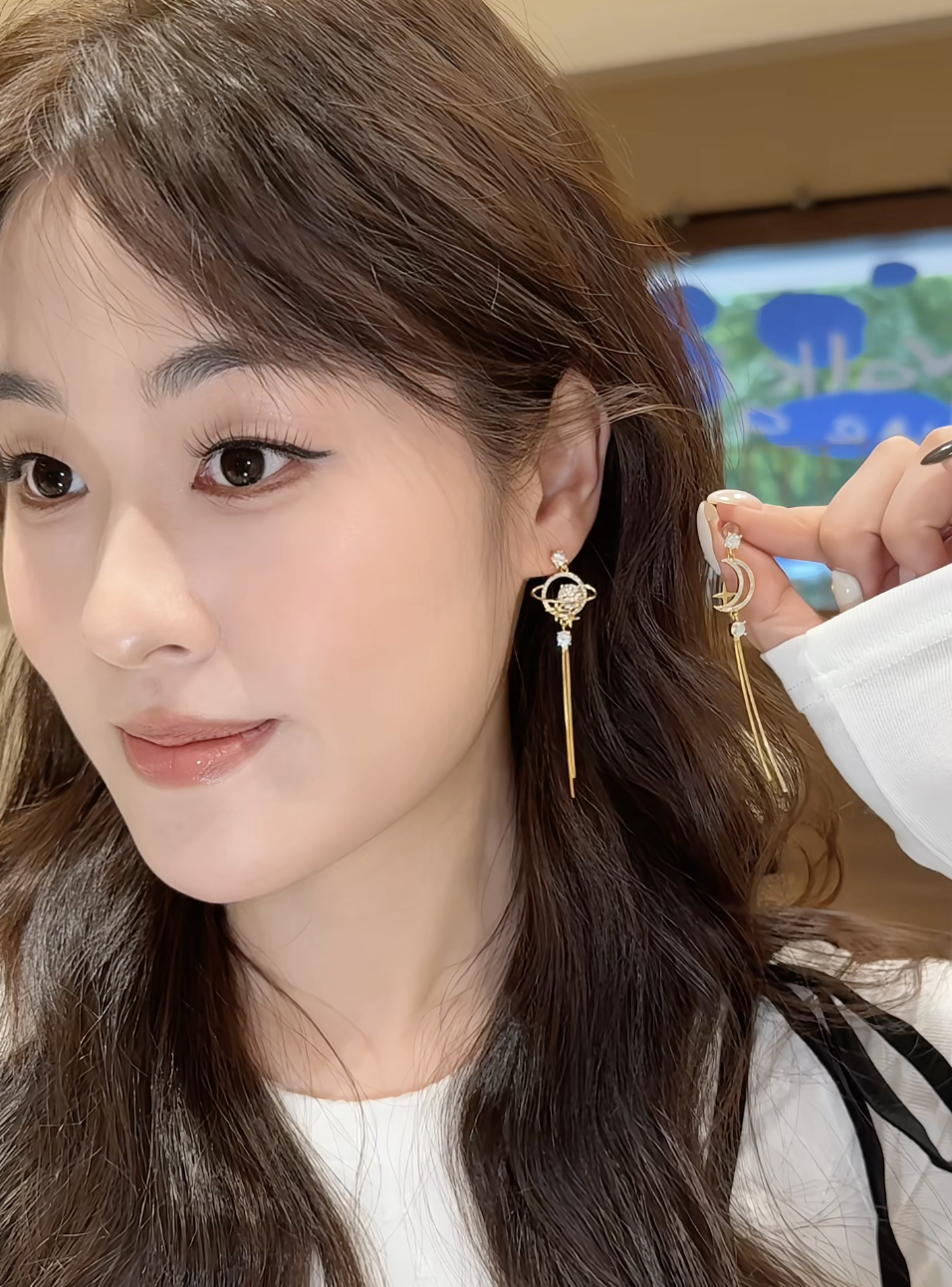 铜合金耳饰 925银针星月立体不对称小众轻奢称满锆流苏耳饰-16