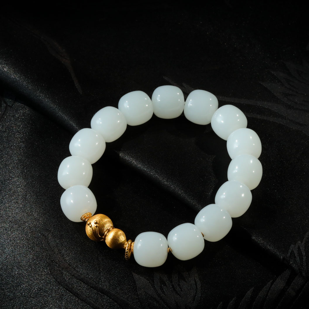 【意婵】俄芭莎高白特细爆油和田玉羊脂白玉手串单圈18k金-909997