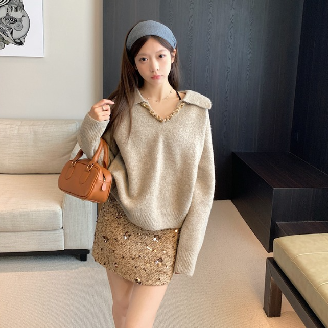 重工编织翻领慵懒针织毛衣亮片包臀半身裙女2024冬季新款时尚套装