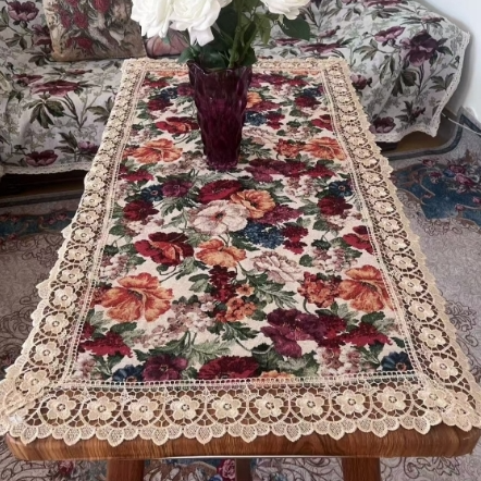 ZN102-13棉麻交织布【60*120】米白色百花齐放水溶边桌布茶几布