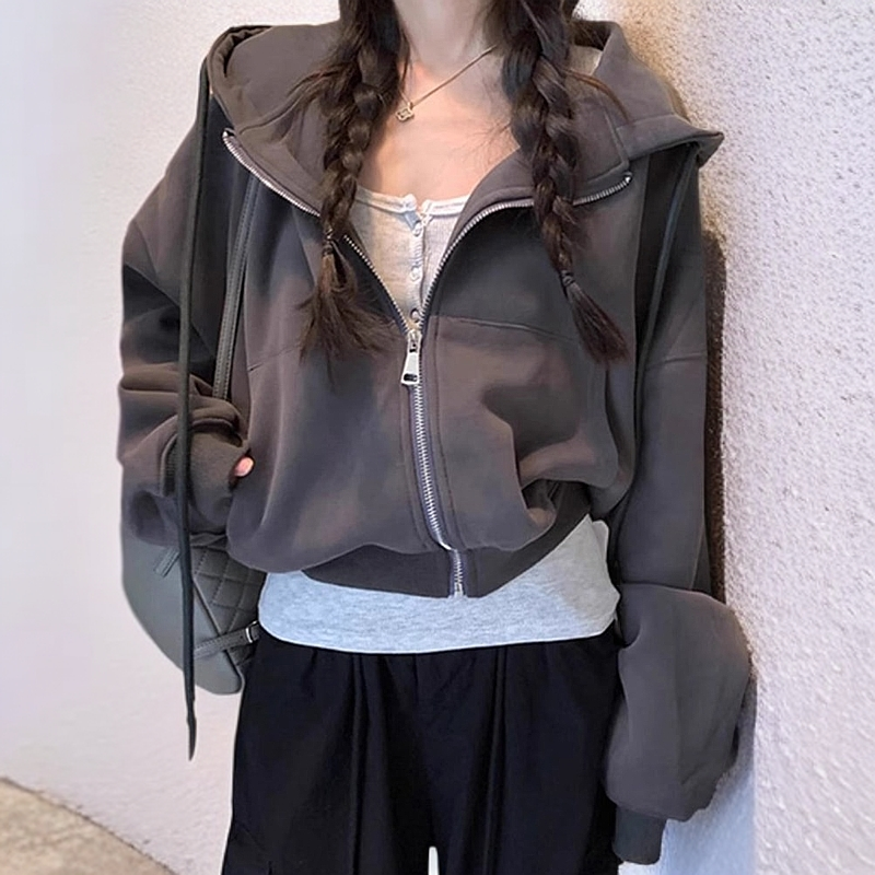 黑色开衫连帽美式复古oversize拉链卫衣外套女春秋季2025新爆款冬