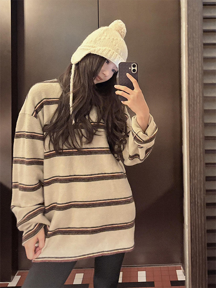 “条纹定律” 秋冬新款上衣撞色条纹长袖T恤女内搭叠穿软糯加厚打底