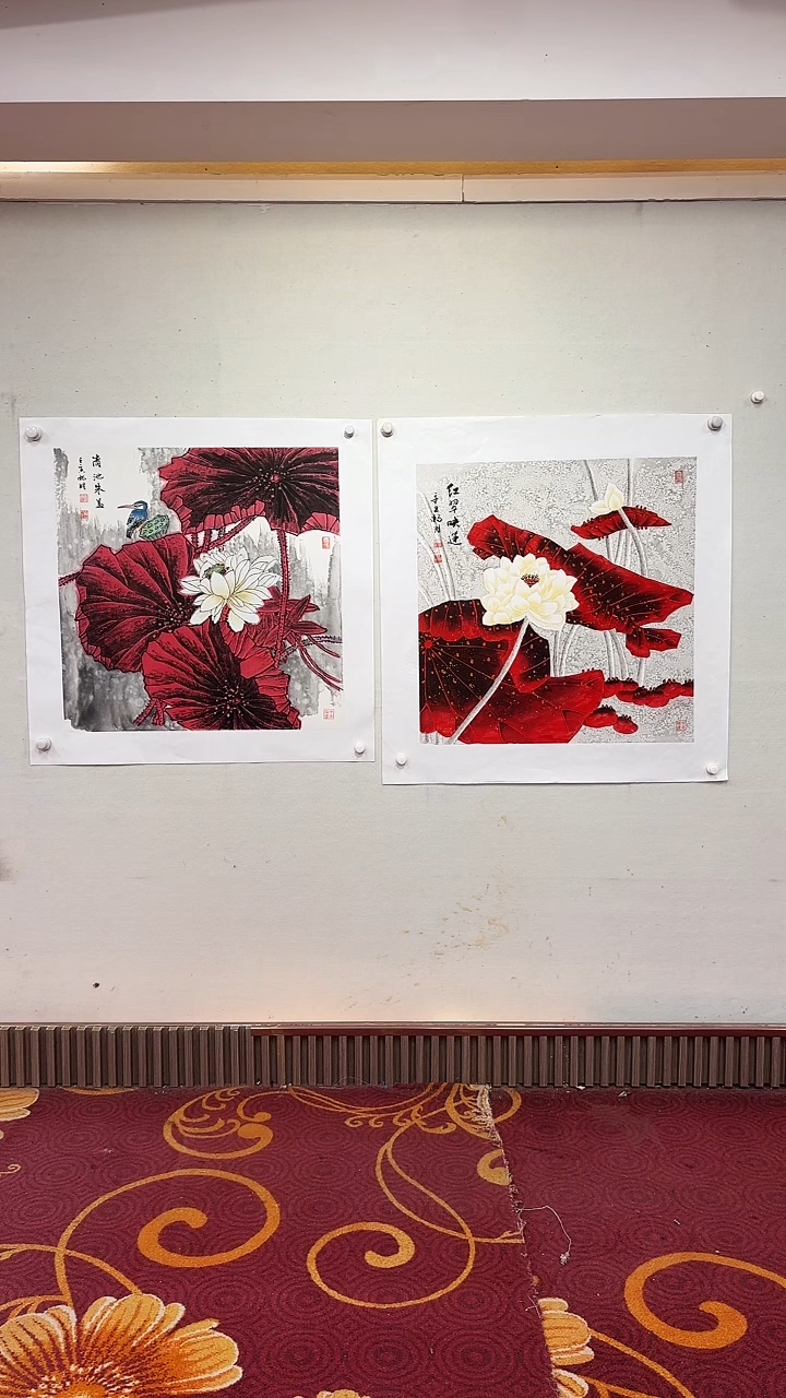 国画清池朱盖+红翠映莲/4尺斗方托底/雷畅胜