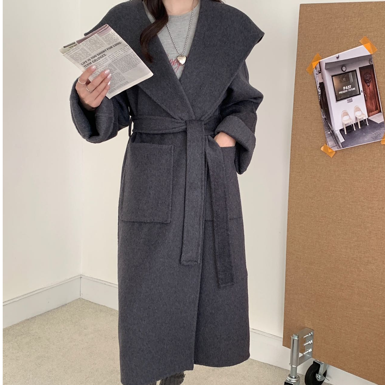 JIALENI佳乐妮山羊绒连帽时尚气质中长款系带收腰羊毛呢外套8565