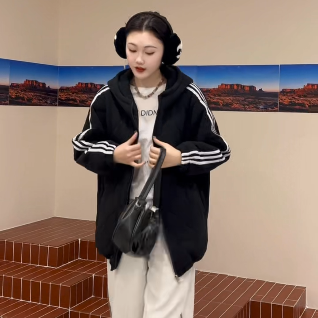 外套宽松型落肩袖秋季连帽款时尚长袖女棉服