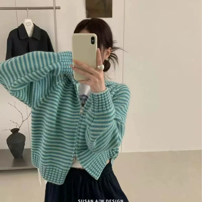 韩系慵懒风毛衣2025秋冬季新款宽松加厚连帽条纹拉链针织开衫外套