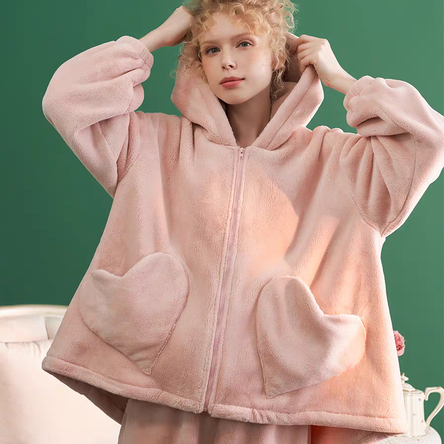 尘熙 22793 睡衣家居服套装 冬季保暖纯色连帽防静电