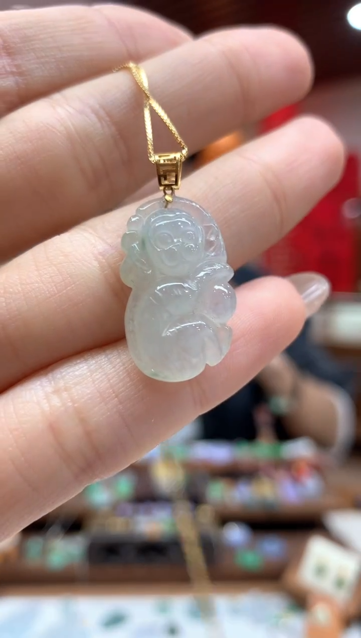 【闪购商品】翡翠吊坠(不含链)18K金镶嵌猴子