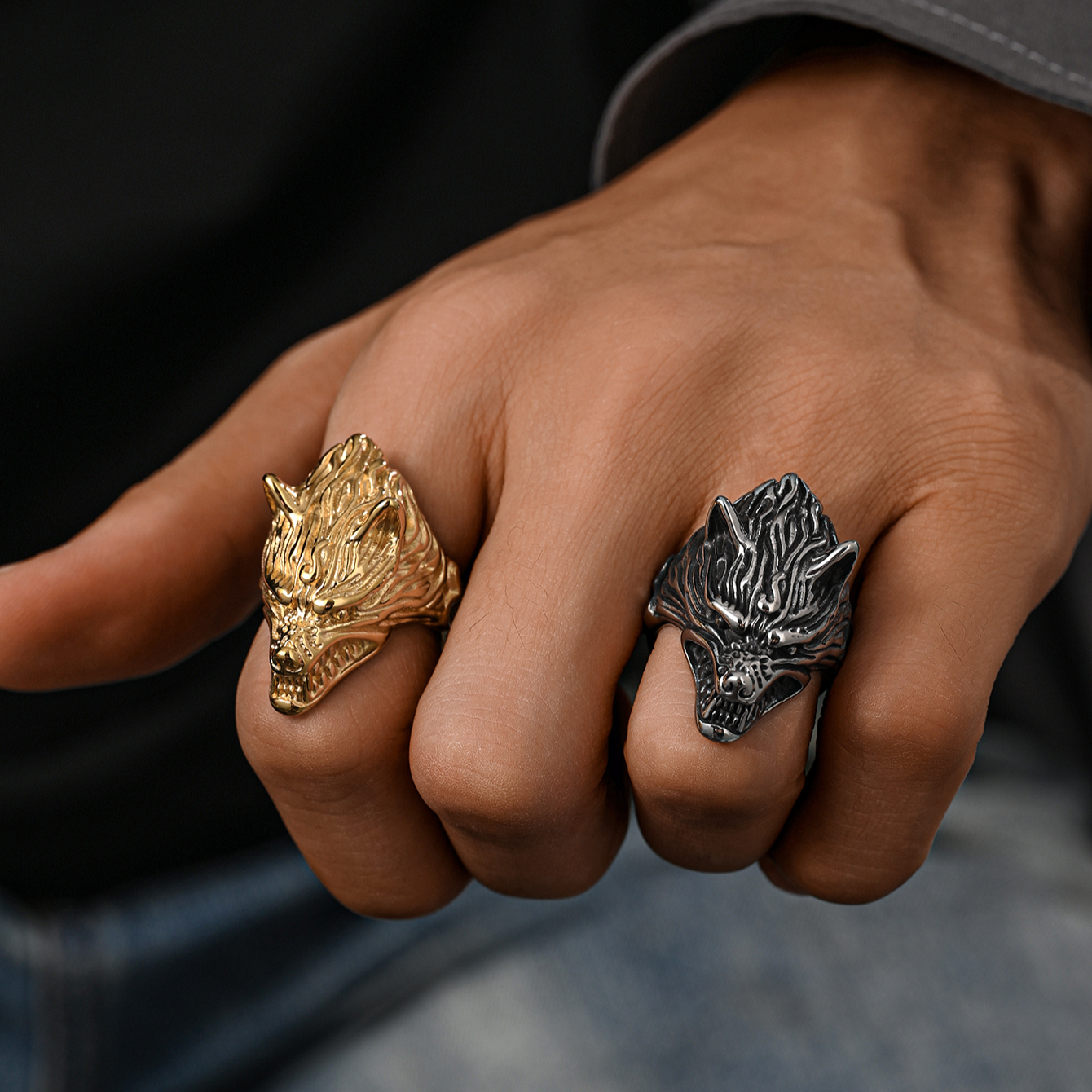 钛钢戒指 复古欧美攻击状态立体狼头戒指做旧重型街边潮男指环ins