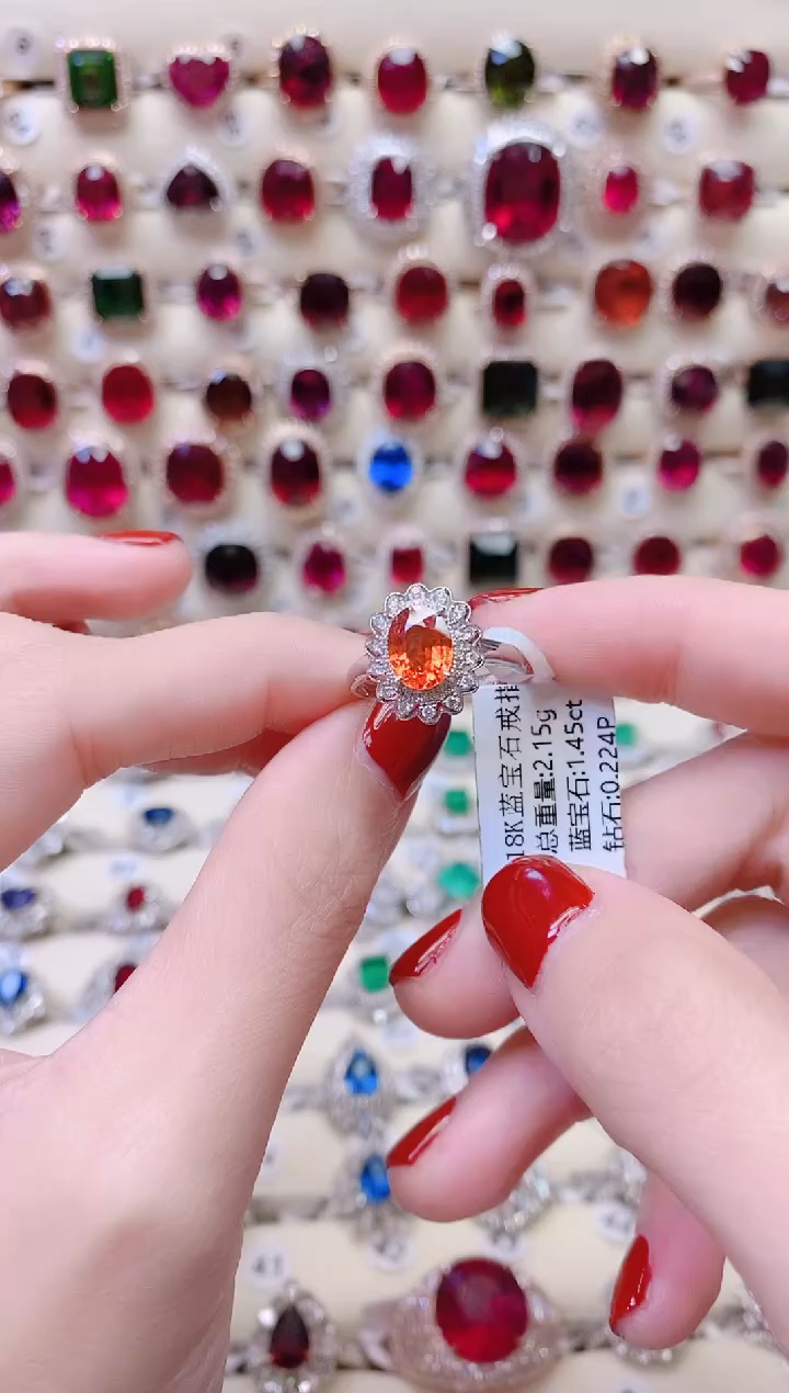 橙蓝宝戒指彩色蓝宝石18K金镶嵌1