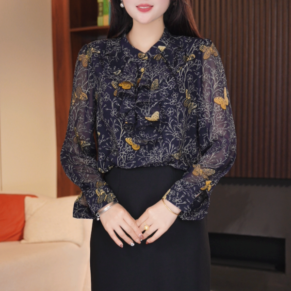 春季新款蝴蝶花时尚长袖洋气修身显瘦韩版女士衫衣2939