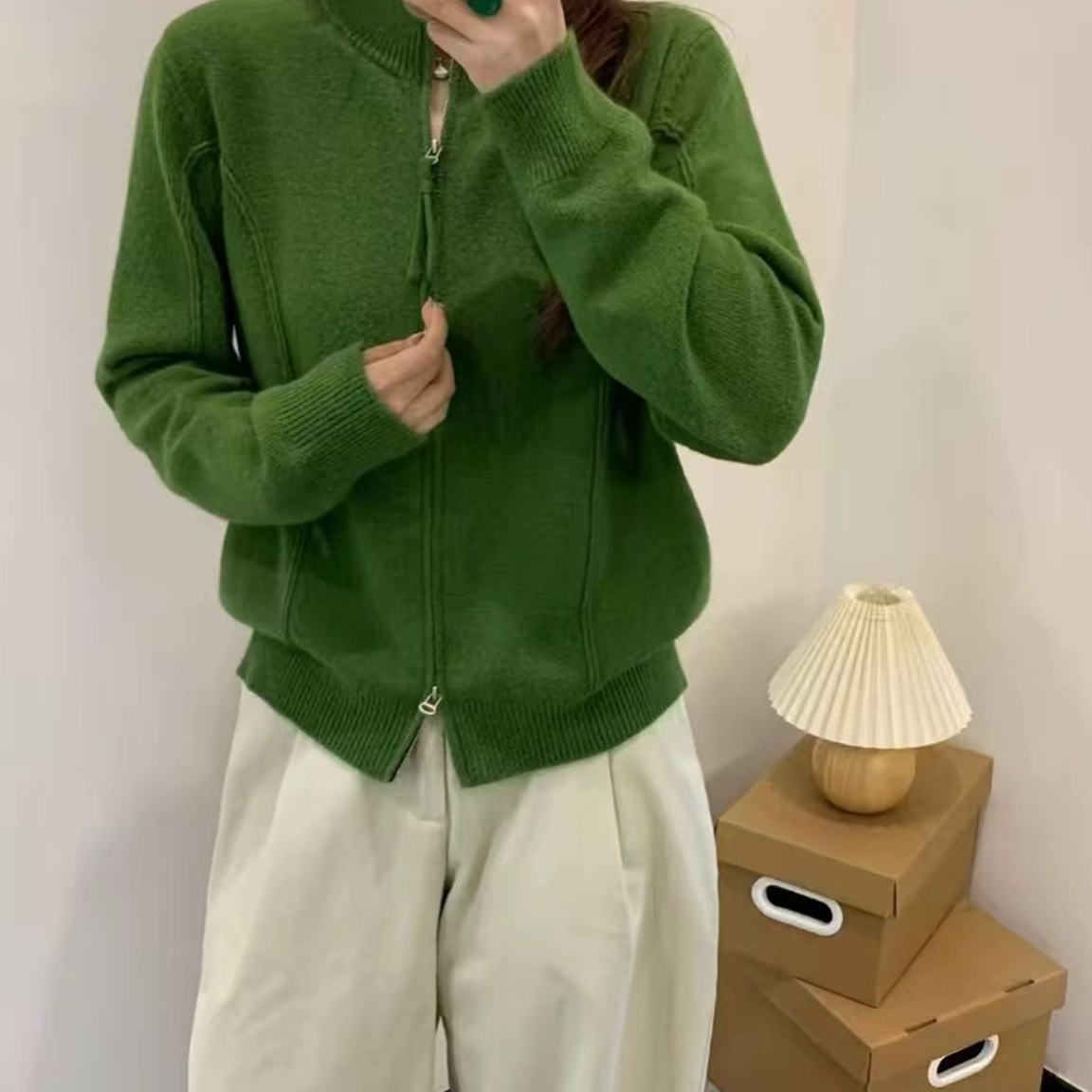  【线下同款】~高定版 双拉链圆领鱼骨纯色基础版针织毛衣开衫B1757