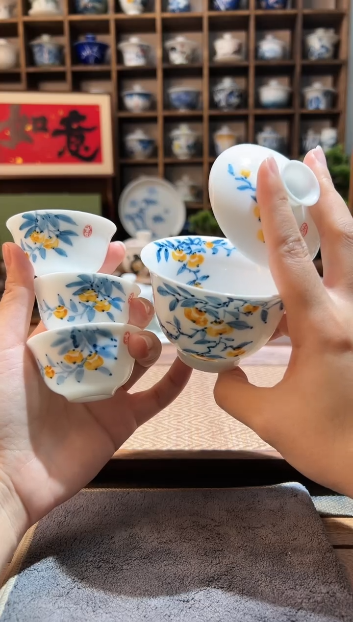 【闪购商品】手绘柿子二才盖碗+送3个客杯