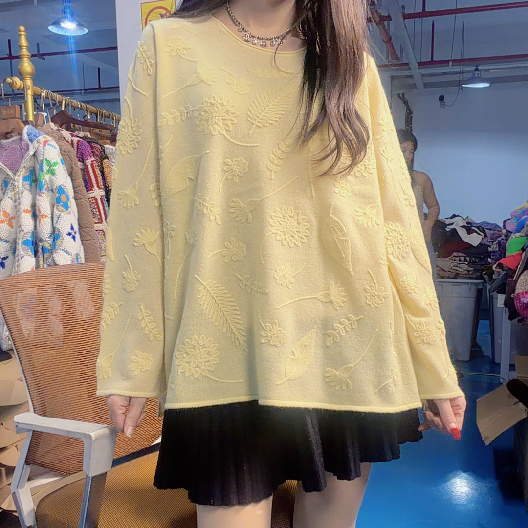 【卡诗米羊绒】25-9圆领纯色打底绣花山羊绒100%高定轻奢女款上衣