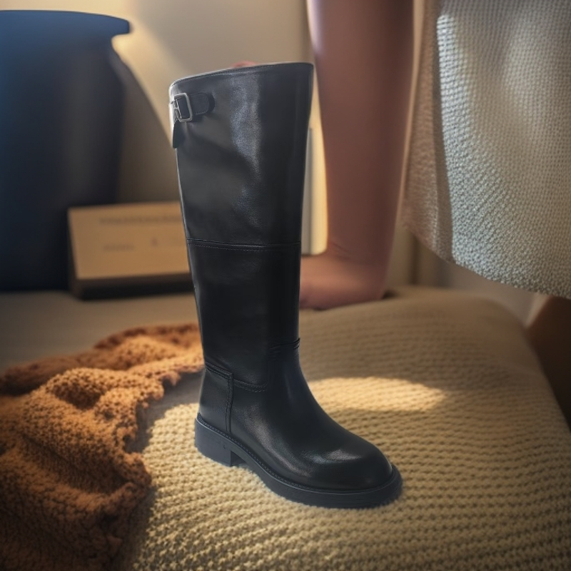 3186/牛皮/时装靴长筒女鞋长靴女靴厚底百搭黑色秋冬粗跟