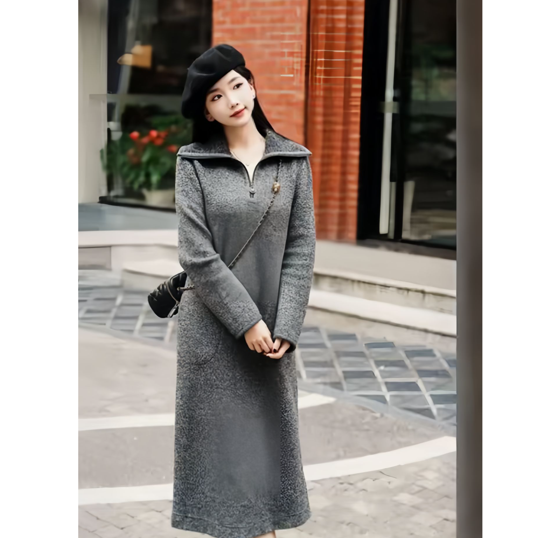 GIRDEAR/哥弟时尚百搭舒适简约质感拉链领保暖洋裝连衣裙-1500552