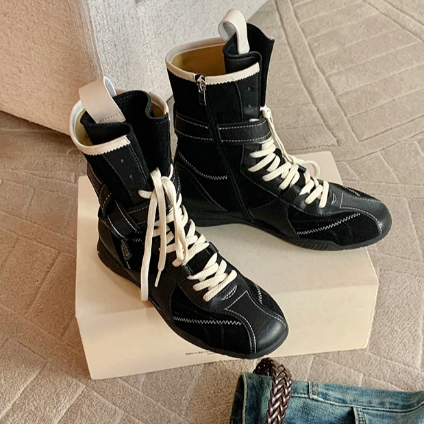 内增高马丁靴女2025新款小个子中筒靴拳击靴子复古厚底百搭德训靴