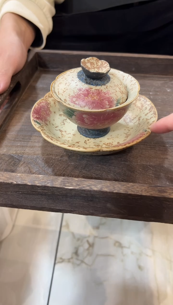 瓷片陶青花火石红茶具 【盖碗】