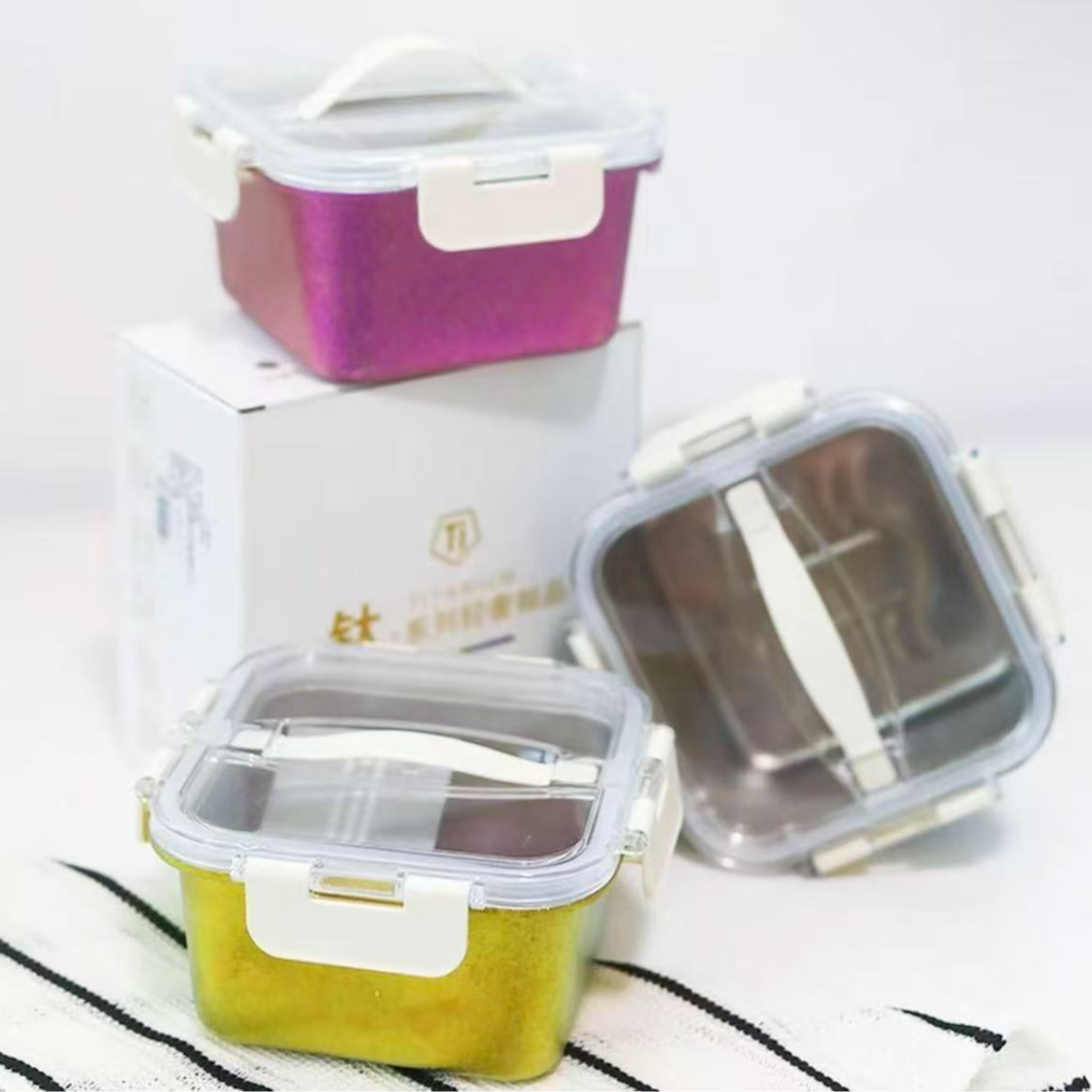 家年华-纯钛方形保鲜盒卡扣式纯钛饭盒保鲜密封便携带饭防漏800ml