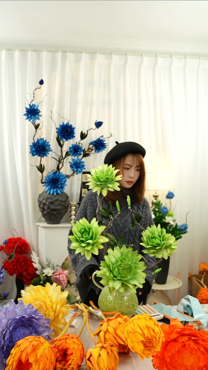 永生洋蓟 霸王花 龙枣枝连花带瓶【祖母绿】A661