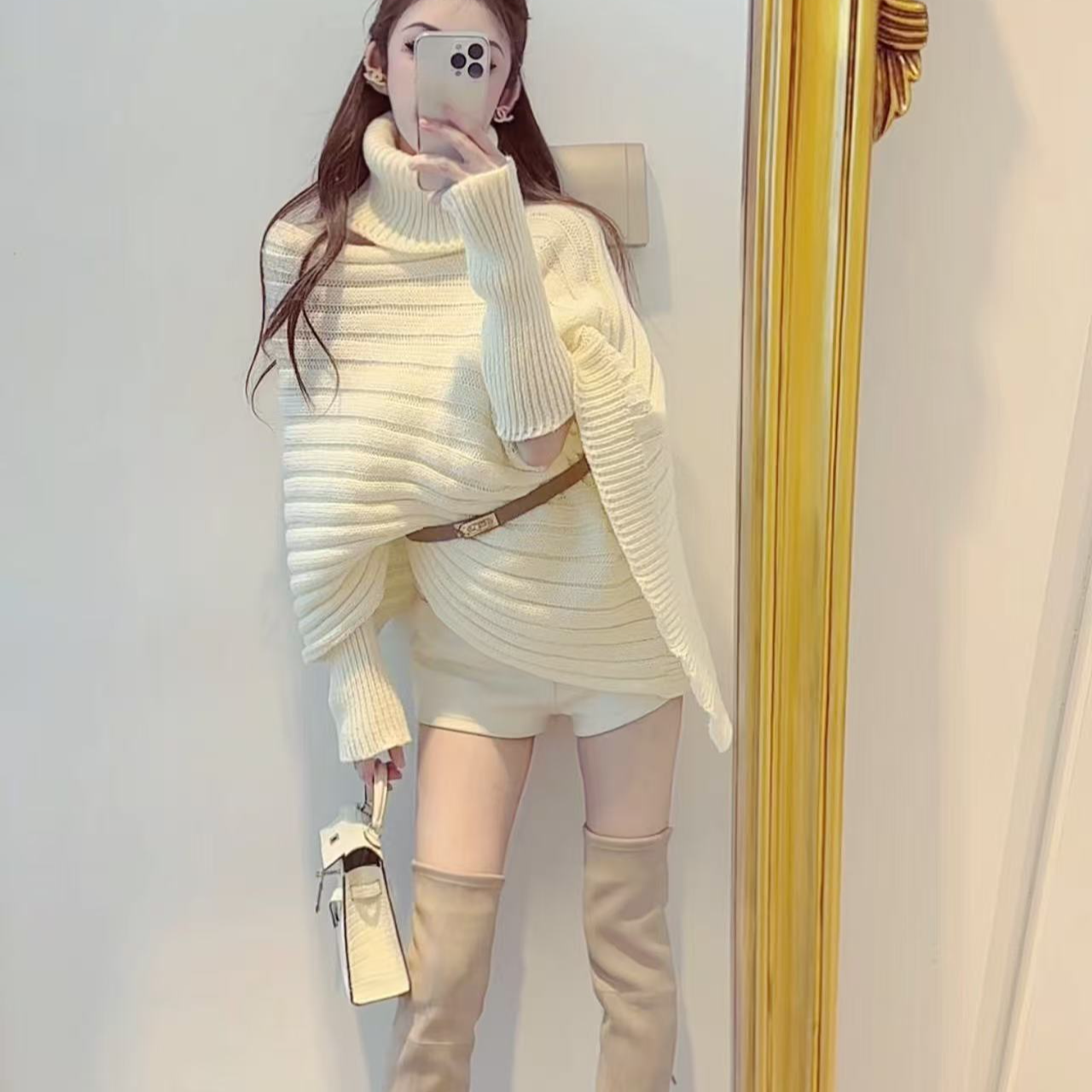 2880 冬日之恋 坑条袖套毛衣，配腰带