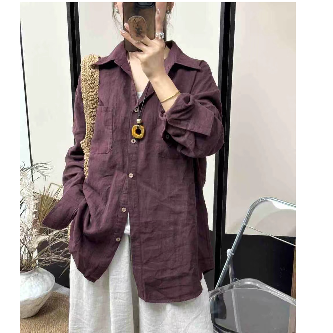 MQ7052新款砂洗纯亚麻衬衫（长80）翻领对襟网红POLO领口袋时尚春秋