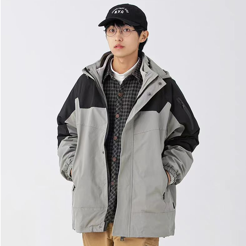 W702冲锋衣外套男秋冬美式可拆卸三合一连帽工装防风棉服