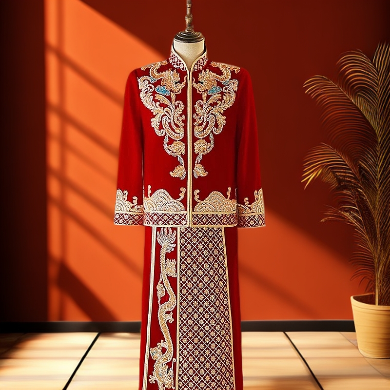 丝绒秀禾服男士新中式新郎婚服大码高端秀禾服