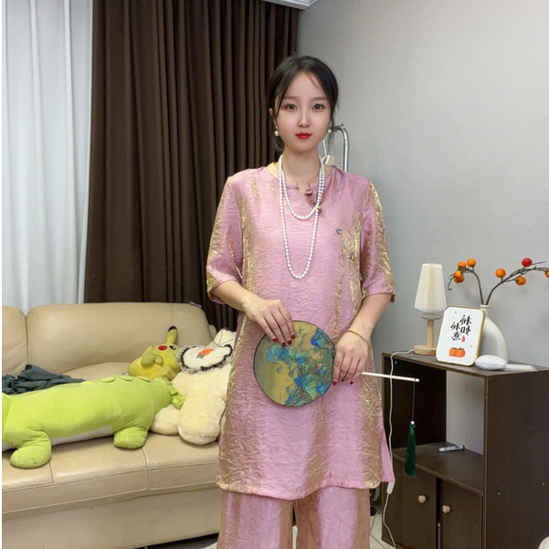 中国风新中式时尚套装宽松休闲国风阔腿裤设计师短袖气质夏季圆领