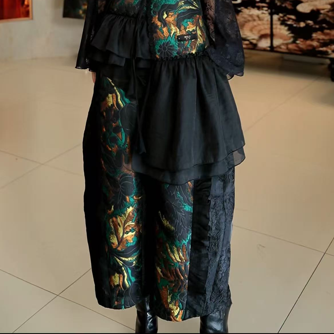 1813篱君春夏新款拼色提花花边阔腿裤复古民族时尚显瘦百搭休闲裤