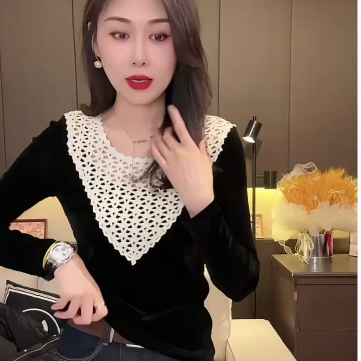 编织镂空法式女心形修身型丝绒纯欲风T恤黑色打底衫网红显瘦