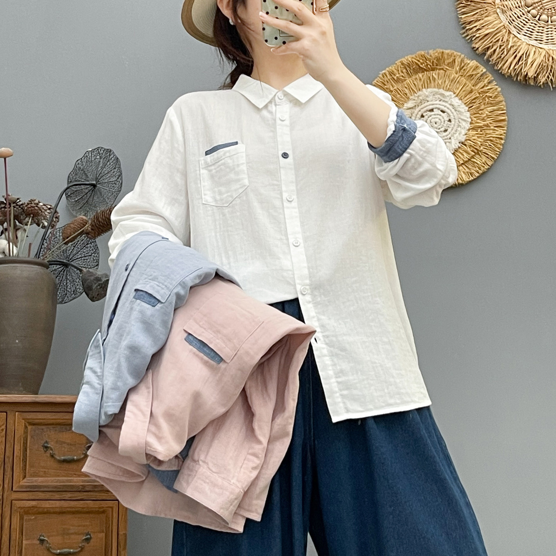 苗姐【撞色口袋】叠穿双纱长袖衬衫8513