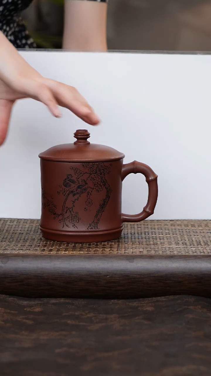 茶杯紫砂竹节刻绘鸟