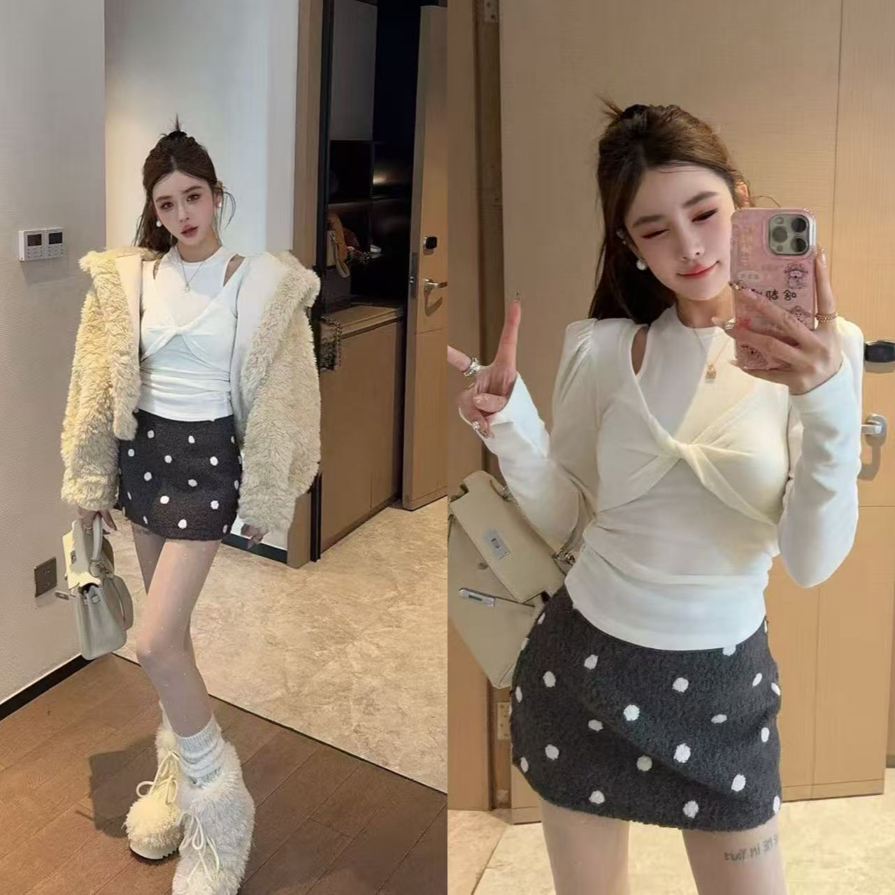 米娜家【甜心回归】泡菜订制米色羔羔毛连帽外套